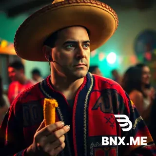 Studio-quality photorealistic portrait, dramatic single light source, 85mm lens. A Cinco de Mayo house party is happening out of focus in the background, but the foreground is a close-up of a man in a vibrant, authentic 'Sinaloa' poncho and a perfectly tilted sombrero. He has a Bluetooth earpiece in one ear and a half-eaten churro in his hand. He's not looking at you; he's staring off-camera with an expression of profound, unwavering disapproval and disappointment at someone who has committed an unspoken cultural violation that will be judged for all eternity. His face alone tells you he is silently calculating the exact number of lashes for a crime he just witnessed.
