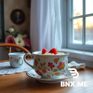 Синяя керамическая кофейная чашка на деревянном столе, рядом с ней серебряная ложка, тёплый утренний свет из окна.
