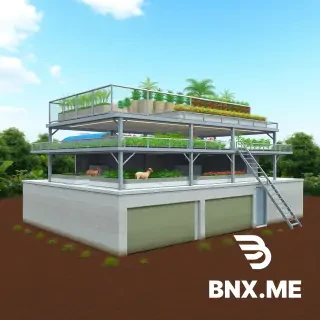 Hi please Create a highly realistic 3D architectural rendering of a commercial three-layer integrated farming system on a 40 ft x 20 ft structure. The design should be a practical business model for integrated farming. Ground Floor (Layer 1): Large reinforced cement fish tanks for commercial fish farming, water pipes,  aeration  drainage facilities. tank will be deep from the ground soil level only 2 feet will be extra from ground level. it will be 3 Tank, divided with wall, same size same place same. Second Floor (Layer 2): A commercial goat farm built directly 6 Feet above the Entire fish tanks. The goat shed should have strong white plastic slatted flooring to allow manure collection and proper ventilation. with Food tray for goat and grass and food. Roof Level (Layer 3): A rooftop garden with rows of fruits and vegetables grown in raised beds and containers. Include additional 3 plastic fish tanks  to the vegetable garden. Show crops such as tomatoes, cucumbers, leafy vegetables, chili, eggplant, and fruit plants. The entire structure should look modern, sustainable, and commercially viable, with steel framing, stairs connecting all levels, proper safety railings, irrigation systems, and a professional farm appearance.  all three layers are visible simultaneously. Ultra-realistic, detailed, high-resolution, photorealistic 3D model, commercial farm design, daylight, professional architectural visualization. do not make any extra things please: