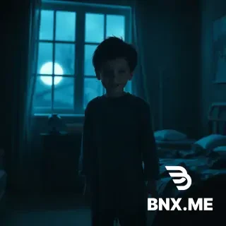Create picture, Ghost boy standing beside bed in dark bedroom, tattered clothes, hollow face with faint smile, moonlight through window, man sleeping, cold blue tones, eerie, cinematic, photorealistic horror, 16:9.