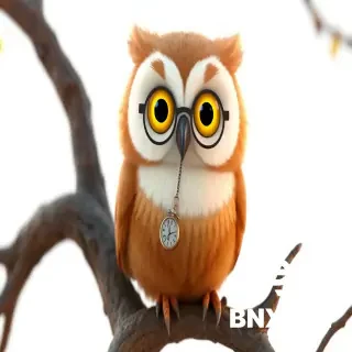 "3D animated character, a fluffy wise owl with soft warm brown feathers, a white heart-shaped face, big round yellow eyes with half-moon reading glasses perched on his beak, a tiny pocket watch chain on his chest, fluffy wings, tiny clawed feet, sitting on a tree branch with a gentle wise expression, Pixar/Illumination style, warm earthy colors, soft volumetric lighting, high detail, 8k resolution, white background with soft shadow for transparency."