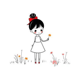 A simple line art of a cute stick girl with a red bow and a high ponytail, a knee-length triangle dress, picking flowers in a meadow