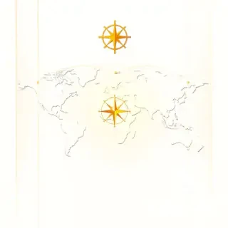 Minimalist abstract composition representing global trade and sourcing. Subtle world map with golden connection lines linking major trade hubs across continents. Golden compass and delicate shipping route lines in background. Elegant architectural panels in warm neutral tones framing the composition. Clean white and cream background, rich golden light radiating from center. High end corporate design, photorealistic, 8k, ultra detailed, sharp focus. Global, trustworthy, premium, sophisticated, international, visionary atmosphere. No people, no text, no cluttered elements, no dark or gloomy tones.