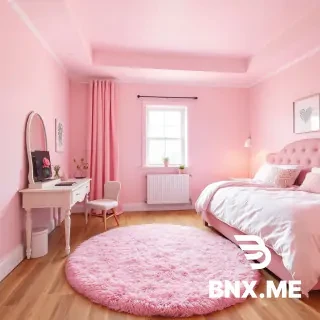 A cozy pink bedroom with a round fluffy pink mat next to the pink huge bed and beatiful desk with a tiny window