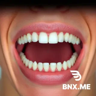 A realistic human mouth with triple the normal number of teeth. The lips and surrounding facial skin appear natural and human. The mouth is slightly open, revealing three tightly packed rows of small, narrow teeth on both the upper and lower jaws. Teeth are evenly spaced and realistic, with pink gums visible between rows. Anatomically plausible structure, neutral expression, high-detail medical illustration mixed with subtle sci-fi realism, soft clinical lighting, sharp focus, photorealistic textures.