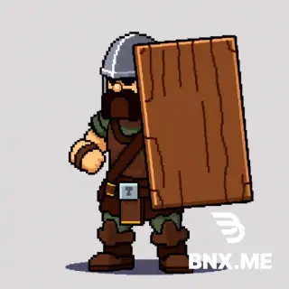 "Authentic 8-bit NES pixel art, extremely low resolution, sprites must be built on a 16x16 or 24x24 pixel grid, chunky visible square pixels, flat shading, no anti-aliasing, no smooth gradients, no blur, strictly limited color palette (max 3 to 4 colors per sprite including outline), retro 1980s arcade aesthetic, transparent background for sprites, 2D side-view, blocky and simplistic geometry, NES hardware limitations style."*Heavy Shield Guard: *"8-bit NES pixel art enemy, 24x24 pixels (slightly larger). Gray metal helmet, brown leather chest, carrying a large rectangular wooden shield (brown). Facing forward. Palette: brown, gray, skin, and dark brown. Transparent. Chunky shield covering half his body."