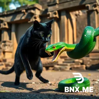 A sleek, jet-black domestic cat, eyes narrowed to emerald slits, lunges with primal ferocity at a coiled, emerald-scaled tree viper, its fangs glinting, in an action-packed time-lapse sequence. The frantic dance of hunter and hunted unfolds at an accelerated pace, each strike, dodge, and hiss a blur of intense motion against a backdrop of ancient, sun-dappled temple ruins, where shadows subtly shift over the duration of the relentless combat. The camera executes a ground-level, handheld tracking shot, capturing extreme close-ups of tensed muscles and rapid reflexes, then pulling back for wide, dynamic sweeps of the chaotic struggle, punctuated by whip pans that follow their lightning-fast movements. Shot at 24fps with cinematic motion blur, 2., --ar 16:9, wide-angle cinematic shot, panoramic view