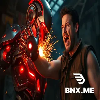 Cinematic close-up action shot from Avengers Age of Ultron. A menacing prime Ultron robot, made of polished vibranium and glowing red internal lights, violently slicing off the arm of Ulysses Klaue with a glowing, superheated metallic hand. Intense orange heat sparks and molten metal effects at the point of impact. Ulysses Klaue has a terrified expression, mid-scream, wearing his dirty tactical vest. Background is the dark, grimy interior of a rusted shipyard tanker, filled with shadows and industrial debris. High-speed photography style, motion blur, hyper-realistic, 8k resolution, dramatic cinematic lighting, volumetric smoke, photorealistic textures of metal and skin.
