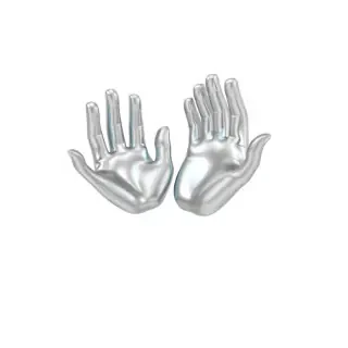 Only two acrylic glossy silver 3D objects in the form of human palms with fingers - they are like part of the hand, they float in the air, On a white background CG , volume objects with silver, blue and gray colors