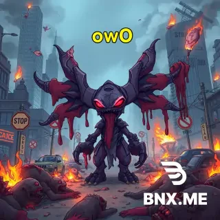 destroyed city with many corpses, guts, blood, pieces of meat hanging on stop signs and poles, broken skyscrapers, burning cars. In the middle if this apocalipsys stands Ultralisk from Starcraft 2 pretending to be cute with large word OwO above him