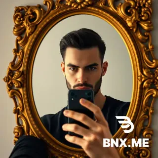 A handsome man with a groomed beard and dark hair taking a mirror selfie, holding a modern smartphone, reflection in an ornate baroque golden mirror frame, close-up shot, neutral background, soft diffused lighting, photorealistic, highly detailed, 8k, muted natural colors. Mirror selfie of a stylish young man in a black v-neck shirt, serious expression, focus on the facial features and the contrasted dark clothing against the light wall, cinematic portraiture, ultra realistic, volumetric lighting, sharp focus, high contrast, golden accents. Upper body shot reflecting in a vintage gold-framed mirror, male model with a fashionable haircut and short beard, holding a phone covering the lower face, shallow depth of field, natural daylight, hyperdetailed skin texture, atmospheric, realistic render, soft warm tones.