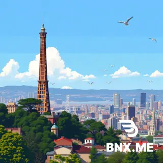 Pixel art scene of Coit Tower standing tall on Telegraph Hill, with a panoramic view of the city below and birds flying around.