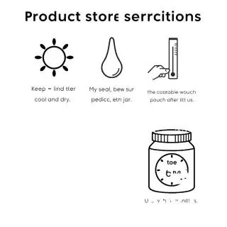 A set of 3 simple black line art icons for product storage instructions. First icon: a sun crossed out, a water drop crossed out, and a thermometer crossed out (keep cool and dry, away from sun and humidity). Second icon: a hand pressing down a resealable pouch or jar lid (seal tightly after use). Third icon: an open container with "6M" inside a small clock (use within 6 months of opening). Minimal, clean, instructional, white background, no extra decoration.