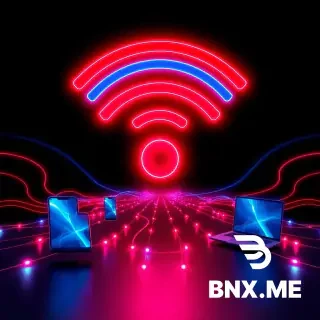 Wi-Fi network advertising image, ultra-fast wireless internet concept, large glowing Wi-Fi symbol in the center radiating powerful connection waves, color palette: electric crimson red mixed with vibrant neon blue, deep magenta highlights, rich cyan accents, and a dark charcoal black background to make the colors explode, smooth red-to-blue gradient transitions on every data stream, floating smartphones, laptops, and smart TV connected by luminous fiber-optic-like beams in alternating red and blue pulses, soft atmospheric glow around devices, glossy modern finish, photorealistic lighting, high contrast, 4k ultra HD, commercial ISP advertisement style, clean layout with empty bottom space for logo and text, inviting, powerful, and trustworthy mood