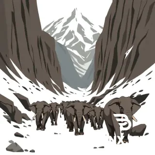 Flat vector illustration, simple line art, moody atmosphere. A line of war elephants marching through a narrow, rocky mountain pass. Snow-covered peaks in the background. Earthy color palette—muted browns, greys, and whites. White or light grey background.