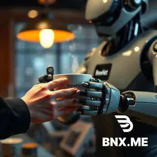 A cinematic, hyper-detailed poster of a futuristic robot barista handing a steaming ceramic cup of coffee to a human customer — extreme close-up on both sets of hands and fingers, showing mechanical articulation and soft, realistic human skin. The robot has a small logo on its chest that reads “BrewNet” in clean sans-serif, warm cinematic rim lighting, shallow depth of field, 8k detail, photorealistic, subtle film grain. Emphasize realistic fingers and correct anatomy, no extra or missing digits, no floating limbs. Include a faint cityscape bokeh in the background.