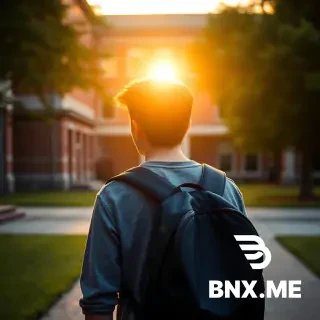 generate an image of a teenage boy standing outside the college and looking at his college with black backpack and full of hope, cinematic , 4k, and realistic,  warm sunlight