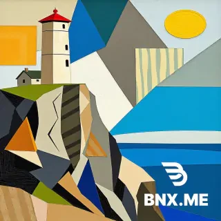 An old lighthouse on a high cliff by the ocean, Cubist style, geometric shapes, in the manner of Pablo Picasso’s works