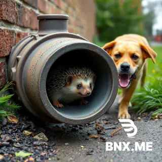a hedgehog is hiding in a drainpipe with a friendly dog lurking nearby