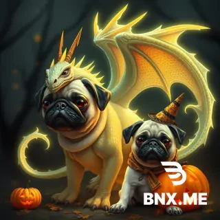 Please generate and image of a dragon similar to the light fury and a pug with a halloween theme