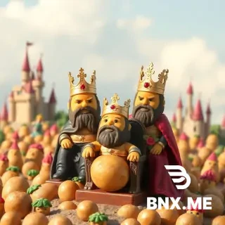 Tiny potato kings wearing majestic crowns, sitting on thrones, overseeing their vast potato kingdom filled with potato subjects and potato castles.