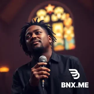 Generate me an image of a Black gospel singer in an adult style, soft and emotional, against a dimly lit church background, microphone in hand, gospel atmosphere mixed with zouk love, with the title "Breakup" written in the background.