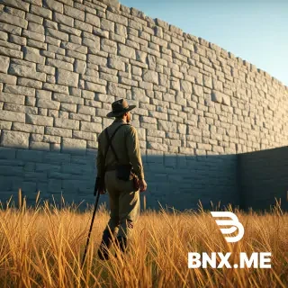 A cinematic, wide-angle 3D-rendered shot. A 19th-century Victorian explorer in tattered khaki gear stands frozen in high, sun-bleached grass. He is looking up in awe at the massive, curved granite walls of the Great Enclosure. The stone blocks are perfectly dry-laid, fitting seamlessly. Dramatic lighting, long shadows, photorealistic, hyper-detailed textures, 8k resolution, historical thriller aesthetic.