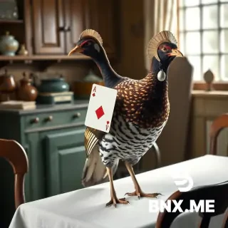 Realistic partridge with bonnet and waistcoat, standing on table in 1880s farmhouse kitchen, holding Ace of Diamonds in beak, natural bird posture. No humans, not anthropomorphic.
