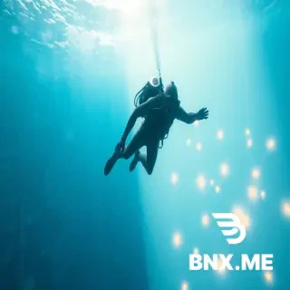 A cybernetic diver in a sleek suit descending through vertical layers of reality. Above: a chaotic surface world of words, clocks, and "gravity" as visible ropes pulling objects. As the diver descends deeper, the water transitions from murky metaphorical blue into geometric clarity — mid-layers show mathematical grids and probability fields. Near the bottom (L0): the diver floats in a pristine, white vacuum where only raw events exist as glowing golden nodes connected by red causal threads. The "water" here is transparent pure logic. Cinematic underwater photography style, caustics lighting, particle effects, hyperrealistic, anamorphic lens flare, sense of profound revelation and clarity.