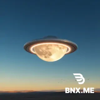 Add into the sky of this landscape: a metallic flying saucer with a glowing edge (low-angle perspective, underside visible), a realistic full moon with craters and soft glow, and a distant flock of small birds in a loose V-formation. All three objects must be lit consistently with the overall scene lighting (e.g., warm sunlight from the side). Photorealistic, seamless integration, 4K, natural lighting.