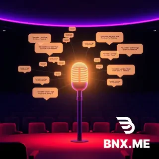A minimalist 3D scene featuring a central glowing microphone. Emanating from the microphone are concentric, translucent soundwaves that transform into perfectly connected network nodes and speech bubbles filled with english phrases. The background is a dark auditorium with empty seats. Sleek, futuristic design, neon purple and blue lighting. --ar 1:1