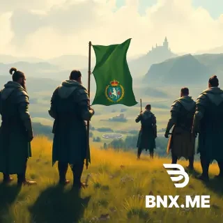 A cinematic wide shot of a group of determined characters in medieval-style armor standing on a grassy hill, overlooking a peaceful valley with a fortress. They hold a large green-and-blue flag with a coat of arms. Pastel tones, soft light, no violence, no weapons drawn. Style: digital painting, fantasy art, high detail, 16:9 aspect ratio.