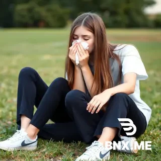 make a image of a 13 year old girl (has long straight brown hair and brown eyes) that has a cold and is blowing her nose hard with a white tissue with 2 of her hands holding the tissue and her eyes closed. (show the front side of the girl) hardly and is wearing a grey t shirt and wearing black flared leggings and white nike shoes outside and sitting down on grass with her boyfriend that has same hair colour as her, and same age as her. and is wearing white nike t shirt, and is wearing black strechy trousers and white nike shoes