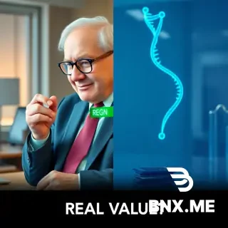 Professional stock analysis thumbnail, photorealistic style, split composition. Left side: Warren Buffett in a sharp business suit, slight smile, holding a pair of reading glasses, looking thoughtfully at a glowing holographic stock chart with the ticker symbol "REGN" prominently displayed in bold green text. Right side: Clean, modern laboratory background with a glowing blue DNA double helix and a small floating molecule structure, representing biotech innovation. Subtle overlay of a calculator and a pile of cash on the desk between the two halves. Lighting: Warm, golden hour office light on the left fading into cool, sterile lab blue on the right. Text at the bottom center: "REAL VALUE?" in bold, clean sans-serif font. Ultra high definition, 8k, cinematic depth of field, --ar 16:9 --v 6.0
