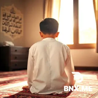 "Realistic photo taken from behind, adult Muslim boy with a neat Korean haircut (two-block cut, wispy hair at the nape), wearing a loose white thobe. He is kneeling on a colorful prayer mat in his bedroom, bowing in prayer (Ruku position) or prostrating (Sajdah). His face is completely hidden — only the back of his head, back, and shoulders are visible. Soft golden sunlight streams through a nearby window. Arabic calligraphy on the wall. Warm, peaceful, photorealistic, high resolution, natural lighting, shallow depth of field focused on his back and the prayer mat."