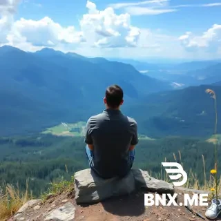 can you make a picture of a man sitting on top of a scenic landscape facing away to the landscape