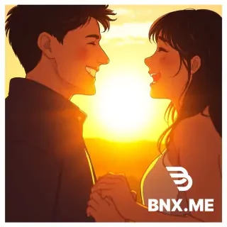 Close-up shot of a couple laughing together under a warm sunset (Golden Hour), soft sunlight shining through their hair, holding hands, but the edges of the frame are fading away like a dream, anime style, nostalgic and bittersweet.