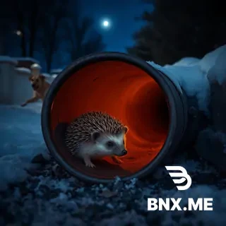 a hedgehog is hiding in a drainpipe with a friendly dog lurking nearby on a cold winter night