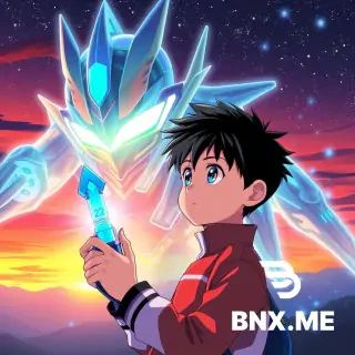 Prompt：Japanese light novel cover, anime illustration style. A young anime boy with a look of longing, holding the Evoltruster (Nexus transformation device) tightly in his hand, a giant translucent illusion of Ultraman Nexus appearing behind him. Background is a sunset glow fading into a starry night, blue light particles surrounding the boy. Vibrant colors, exquisite lighting, strong anime atmosphere. --ar 3:4