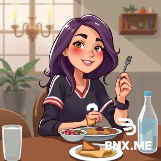 puoi creare un immagine in stile cartoon, di usn ragazza bio do asui 22 anni, che a tavola con una maglietta scolata fa un ruttino dopo mangiato.?