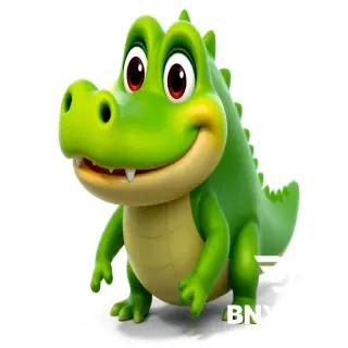 "3D animated character, a cute friendly crocodile with bright green scaly skin, a lighter green belly, big round eyes that cross slightly when excited, a wide happy smile with one tiny tooth sticking out, short stubby arms and legs, waddling pose, playful friendly expression, Pixar/Illumination style, bright greens and warm colors, soft volumetric lighting, high detail, 8k resolution, white background with soft shadow for transparency."