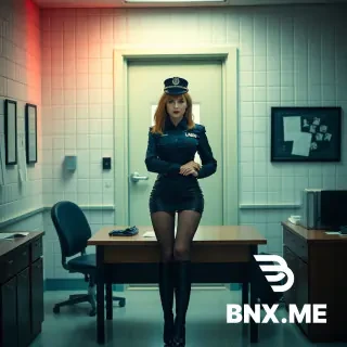 bild in prison büro, In backround is a zelldoor. A desk ist in the middle of the room. a policewoman dresses in a latexuniform stand at the desk