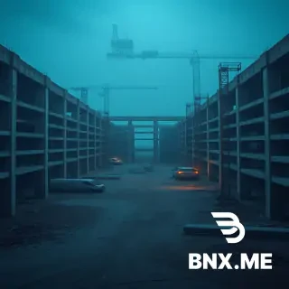 composition: a large concrete construction site, everything around is covered in dust and dirt