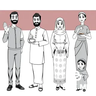 Create a professional black-and-white 2D vector character sheet for a Sudanese Nubian family restaurant brand.  Create the EXACT SAME married Nubian Sudanese couple as reusable brand characters. Keep their facial features, clothing, body proportions, hairstyles, traditional clothing and illustration style CONSISTENT across every pose.  Show the husband and wife in MULTIPLE DIFFERENT POSES arranged neatly in one character sheet.  HUSBAND POSES:  1. Standing naturally and smiling. 2. Greeting customers with one hand raised. 3. Holding and presenting a traditional Sudanese coffee dallah. 4. Pouring coffee into a small traditional coffee cup. 5. Holding a food plate and presenting it proudly. 6. Standing with both hands together in a welcoming pose.  WIFE POSES:  1. Standing naturally and smiling. 2. Smelling a delicious traditional food dish with a happy expression. 3. Holding and presenting a food plate. 4. Serving food with a welcoming gesture. 5. Holding a traditional coffee cup. 6. Greeting customers with one hand raised.  CHARACTER DESIGN: The husband wears a clean traditional white Nubian Sudanese jalabiya with a simple traditional cap. The wife wears an elegant traditional Nubian Sudanese tobe with a simple head covering.  They should look like a warm, dignified, loving married couple representing Sudanese Nubian culture, family, hospitality and togetherness.  STYLE: Minimalist professional 2D vector illustration. Clean bold black outlines. Simple geometric shapes. Smooth continuous lines. Flat solid black-and-white artwork. Elegant silhouettes. Minimal facial details. Friendly subtle smiles. Modern professional restaurant branding. Culturally authentic without exaggeration. No caricature. No photorealism. No 3D. No gradients. No shadows. No gray. No colors.  LAYOUT: Create a clean character pose sheet with each pose clearly separated and fully visible. Full-body characters. Consistent scale and proportions. White or transparent background. Each pose should be easy to isolate and reuse individually in social media posts, menus, packaging, signage and advertisements.  CRITICAL REQUIREMENT: The husband and wife must remain EXACTLY the same characters in every pose. Do not redesign their faces, clothes, proportions or appearance between poses.  NO TEXT. NO LOGO. NO RESTAURANT. NO BUILDINGS. NO BACKGROUND SCENERY. NO DECORATIVE ELEMENTS.