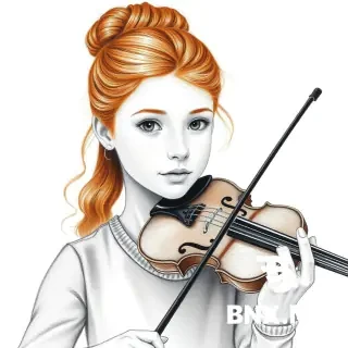 14-year-old girl, light reddish-brown wavy hair in a neat tight bun on crown, very narrow elongated face with round chin, small narrow green-hazel eyes, pear-shaped figure, 160 cm, playing violin, pencil sketch, soft shading, realistic portrait, graphite art, monochrome, high detail