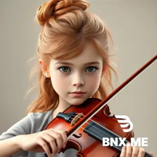 A 14-year-old girl, light reddish-blonde wavy hair in a messy topknot bun on crown, very narrow elongated face, green-hazel eyes, pear-shaped body, 160 cm tall, playing violin, realistic style, soft lighting, detailed portrait, high quality, 8k.