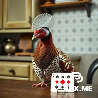 Realistic partridge with bonnet and waistcoat in 1880s kitchen, Ace of Diamonds in front of it on table, natural pose, looking at card. No humans.