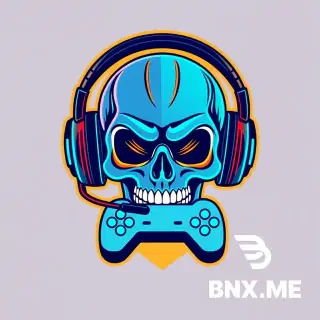 a cool esports logo for a streamer, stylized as a cyberpunk skull with gaming headphones and a controller, neon blue and orange colors, flat vector art, avatar design, transparent background
