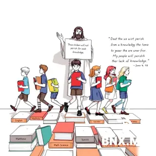 Create images of boys and girls of various ages from 4-16 carrying books  as they walk along a path made up of of books. These books should have titles on them that say English, Math, Science, Matthew, Luke, Mark, Corinthians, Genesis,  with Christ holding a banner behind the students shadowed at 10% opacity  on the wall behind the students stretching from the book path to the ceiling the banner that Christ figure is holding is to read “ these children will not perish for they seek knowledge” in right hand corner of the wall should be the passge from the bible that states “ My people will perish from lack of knowledge. The Chriist figure should be place behine the children standing from top of book path to ceiling. The drawing should be scaled to 4.5” x 17” long and should be produced in a vector file for scaling. the children should be dressed in Royal Palm Academy uniforms.