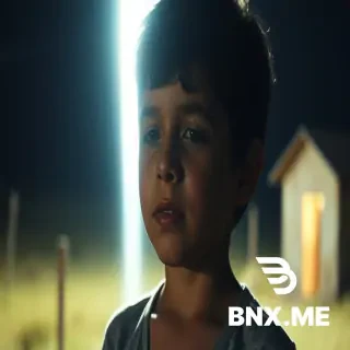 A young Spanish boy, 8 years old, standing still in a rural landscape, a bright beam of white light piercing through his chest, his body frozen in a state of calm paralysis, eyes half-closed with a peaceful expression, but with a single bead of sweat on his forehead, a faint glow around his heart area, photorealistic, 1970s film aesthetic, dramatic lighting, shallow depth of field, cinematic, 16:9"